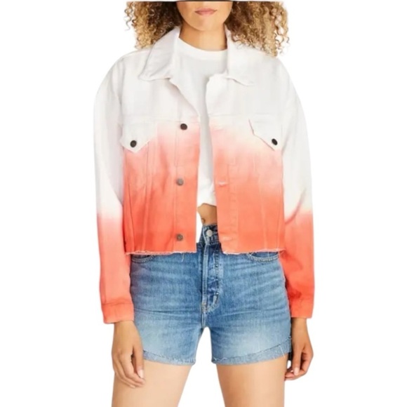 NWT Etica Sz S Elena Crop Jacket High Tide Coral Raw Trucker Jean Jacket - Picture 1 of 11